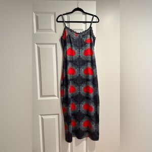 Heart Print Spaghetti Strap Midi Slip Dress, Size S